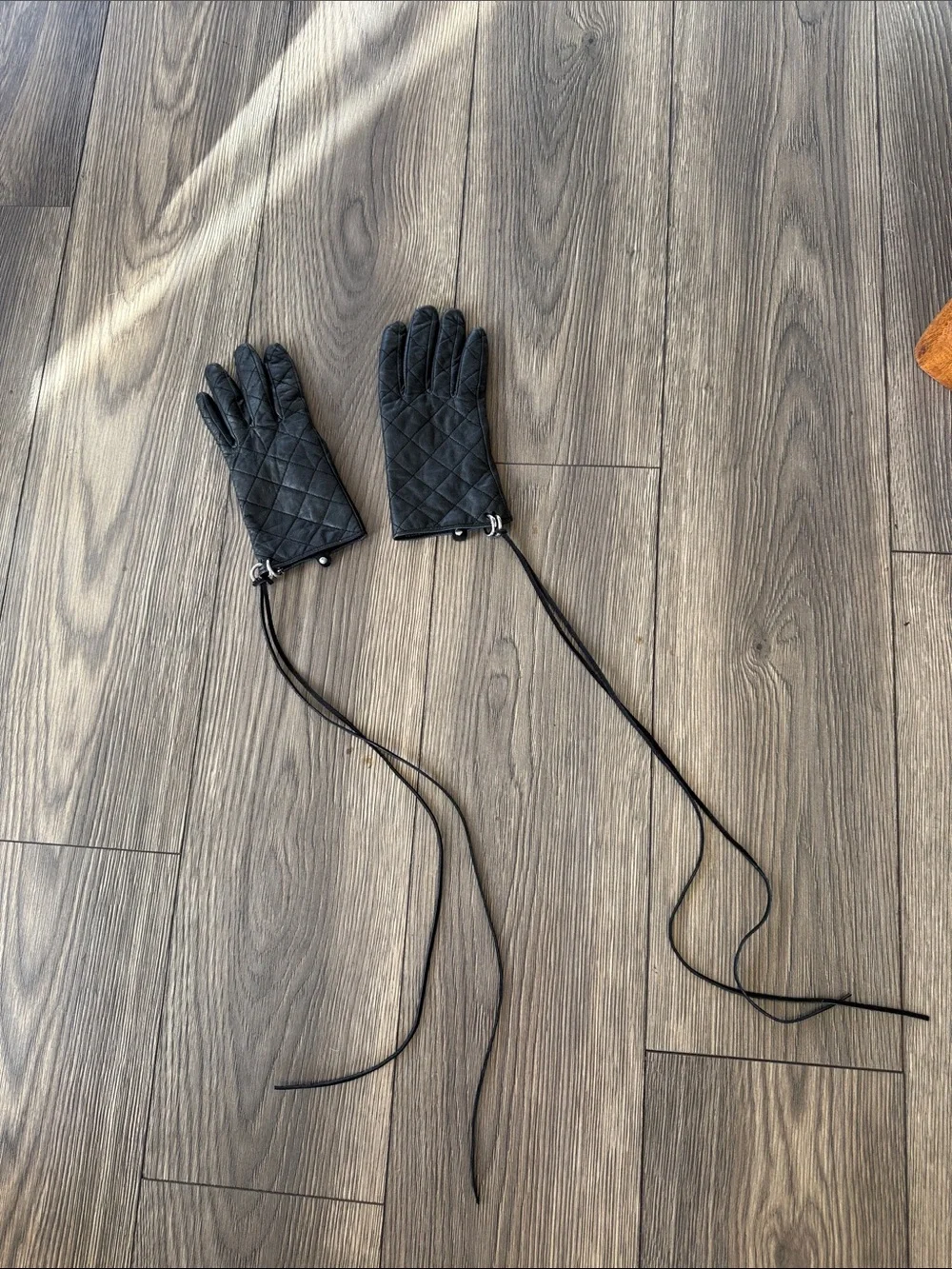 Avant-Garde Quilted Leather Gloves with Pierced Ring Cuffs & Leather Fringe